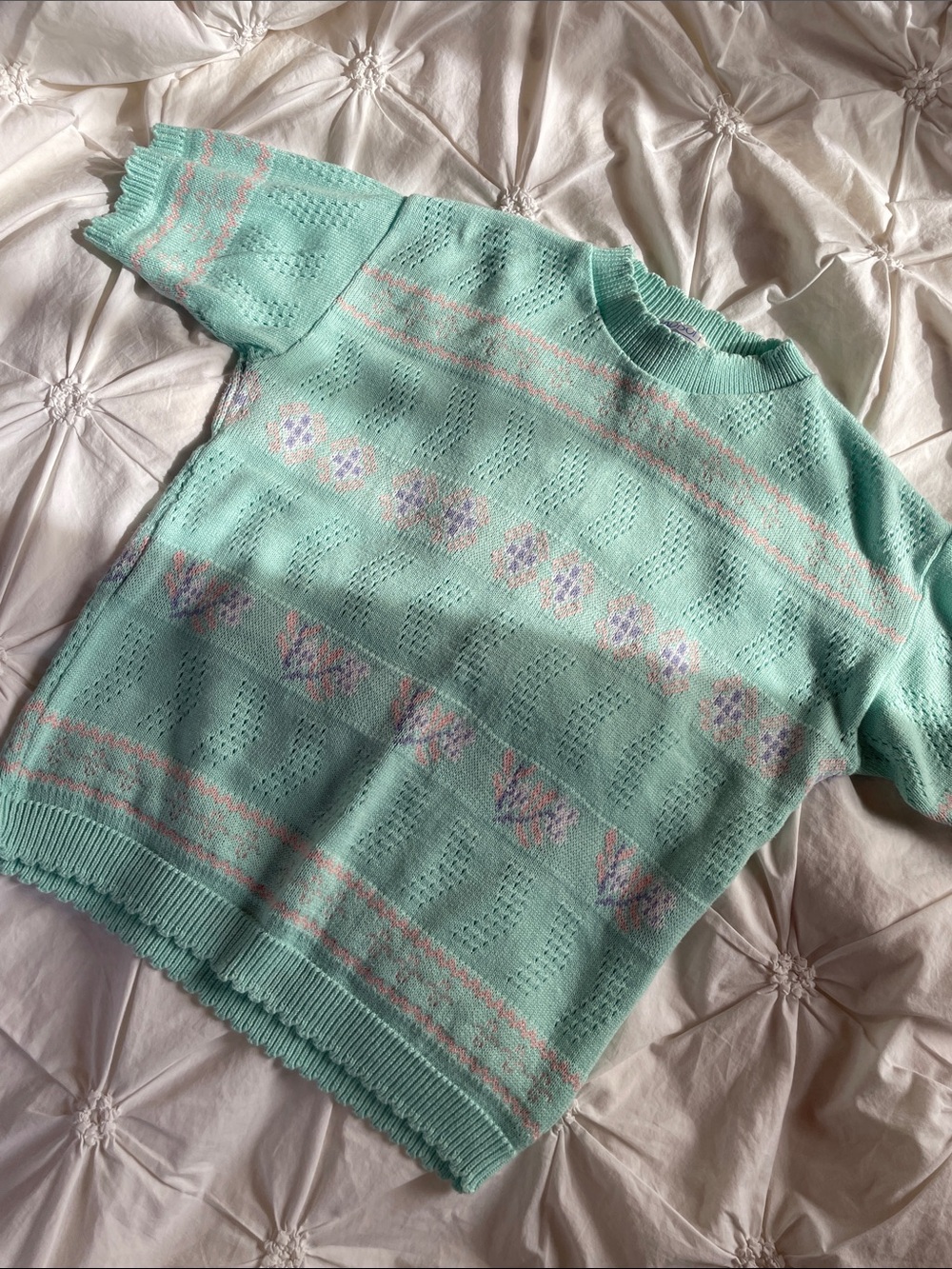Vintage Mint Green Pastel Knit Short Sleeve Sweater